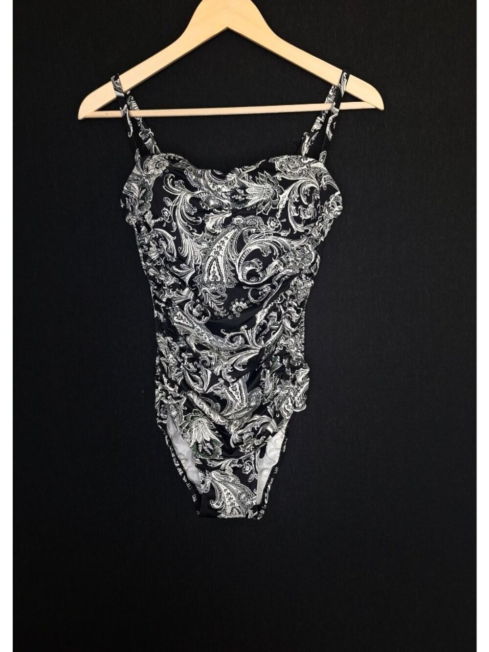 💙 Longitude One Piece Swimsuit Size 10 Black White Paisley Tummy Control Ruched